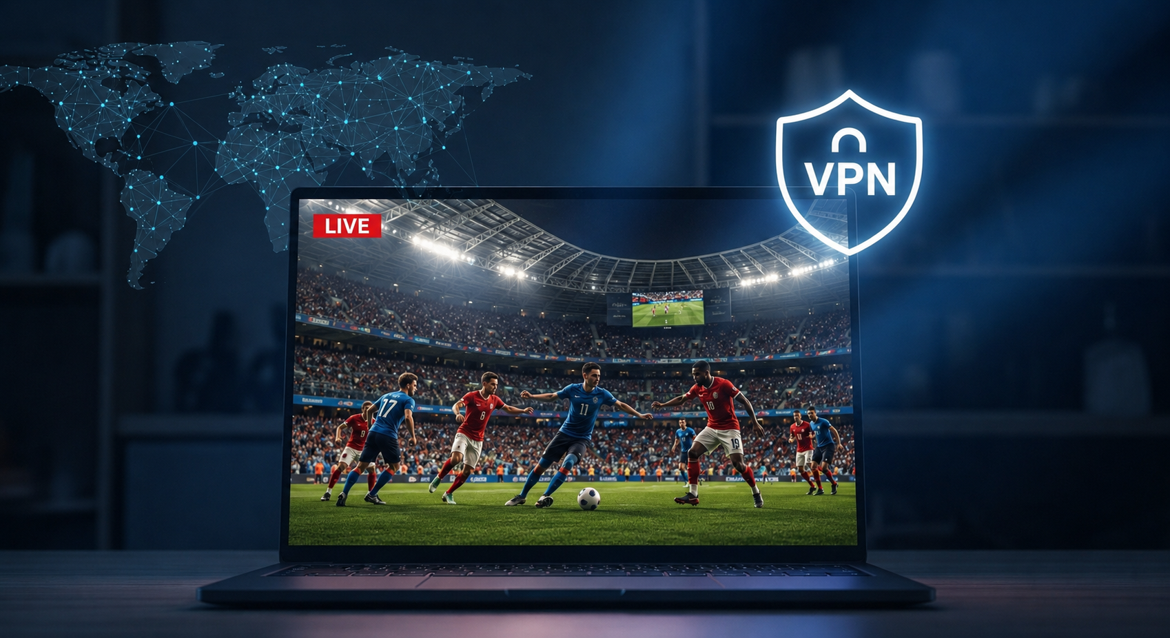Laptop showing a live World Cup stream with a VPN connected, world map with server locations in the background