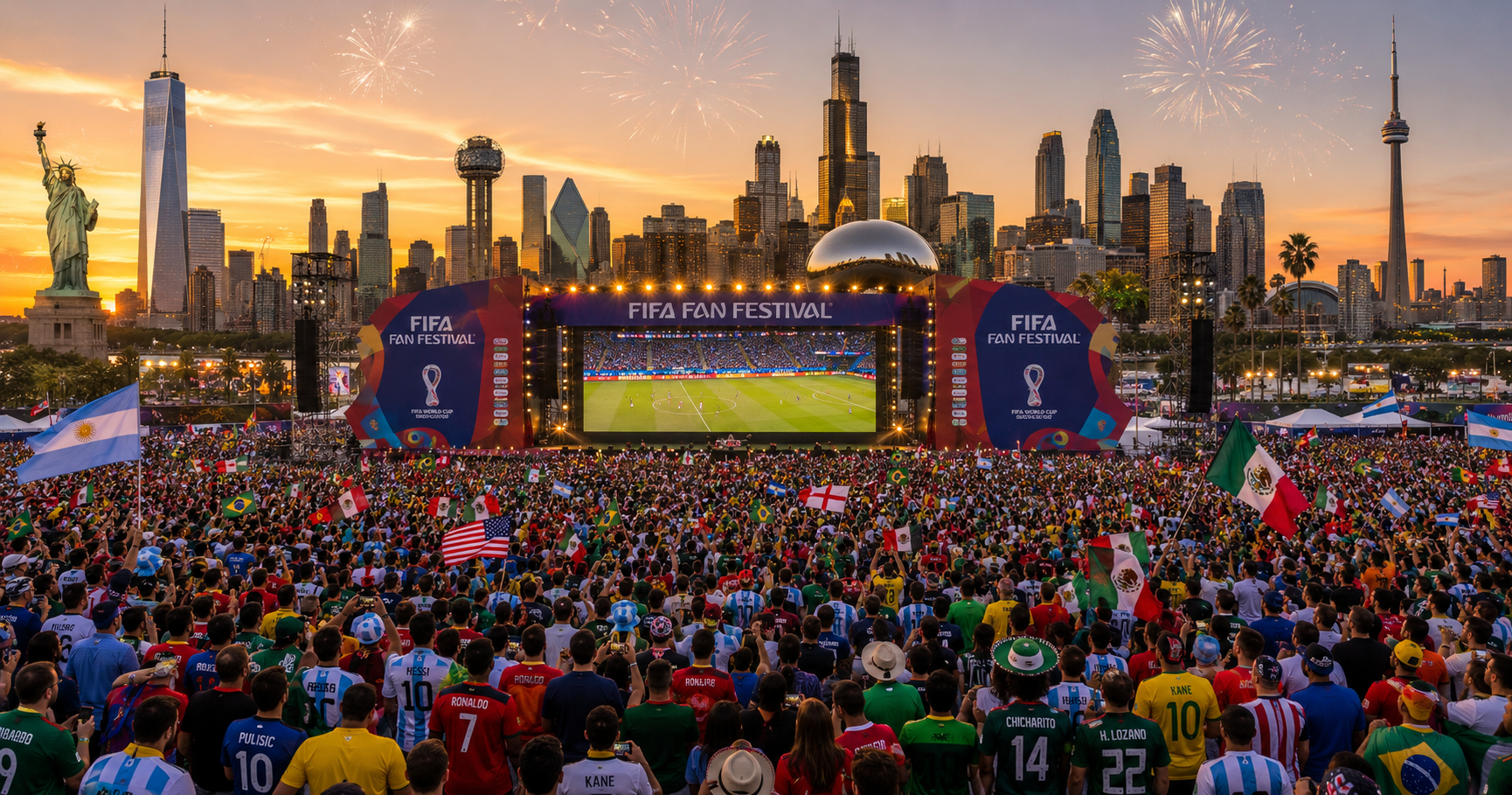 A packed FIFA Fan Fest venue with fans watching the World Cup 2026 on giant screens under open skies