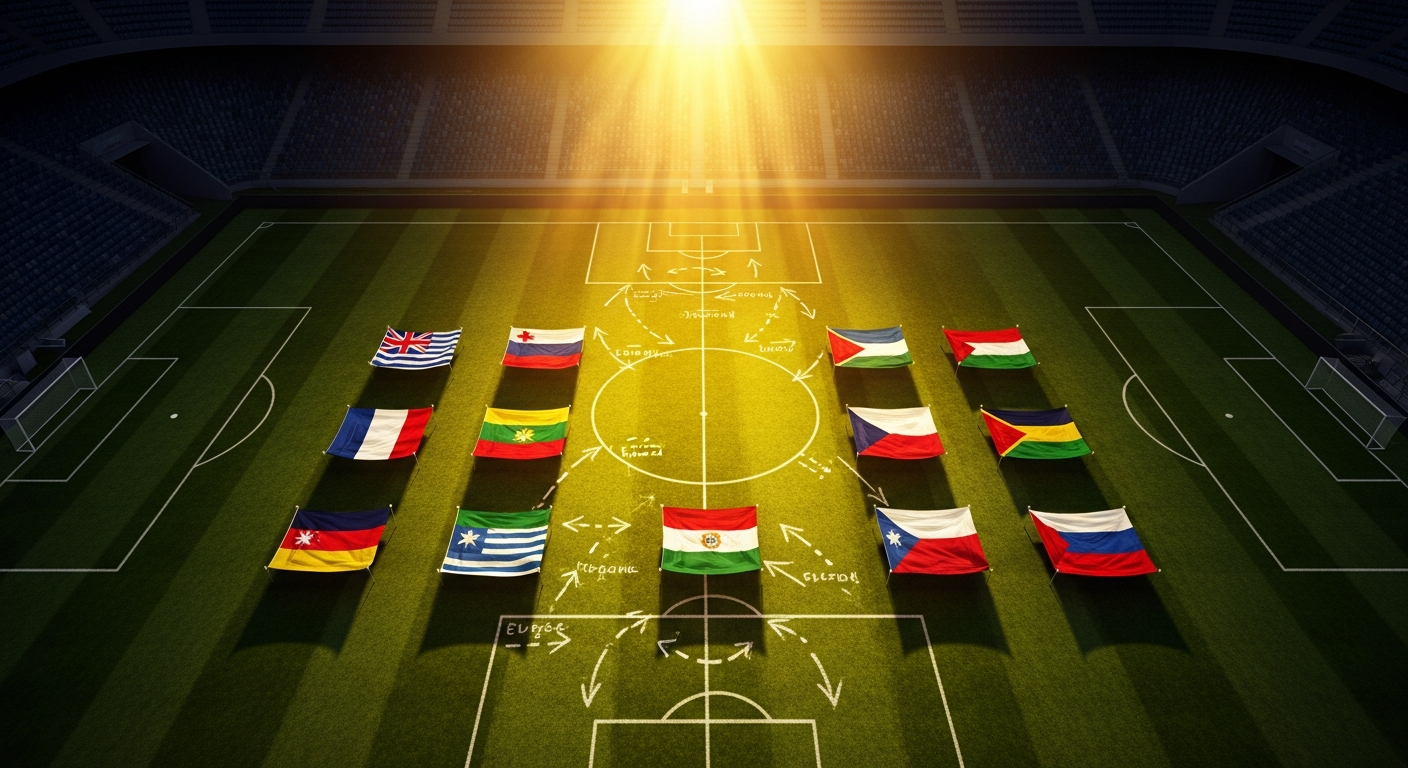 Twelve colourful international football flags arranged in a grid on a floodlit stadium pitch
