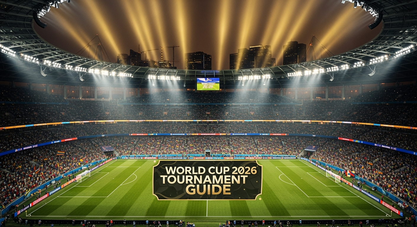 Overhead view of a football pitch with 48 team flags arranged in 12 groups for the 2026 World Cup