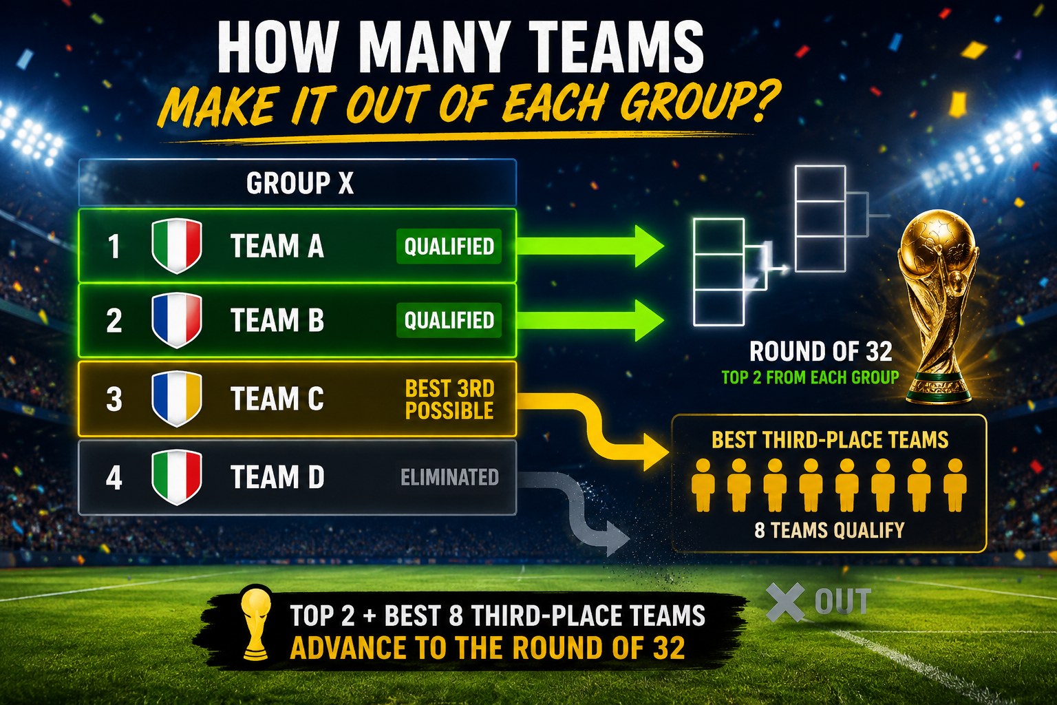 Infographic showing how many teams advance from each World Cup 2026 group — top 2 qualify automatically, third place competes for 8 additional spots
