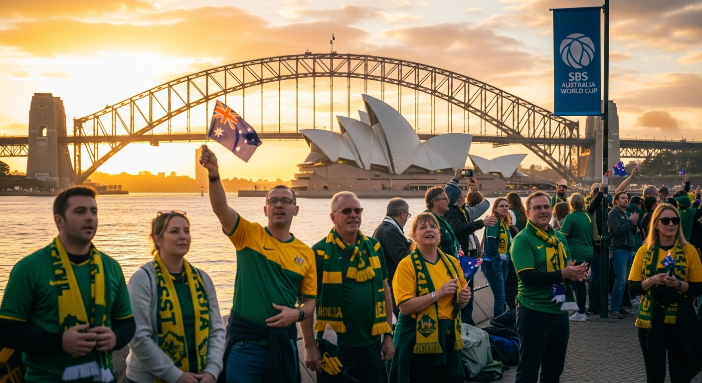 Sydney Opera House at dawn with a football broadcast glowing on a nearby screen
