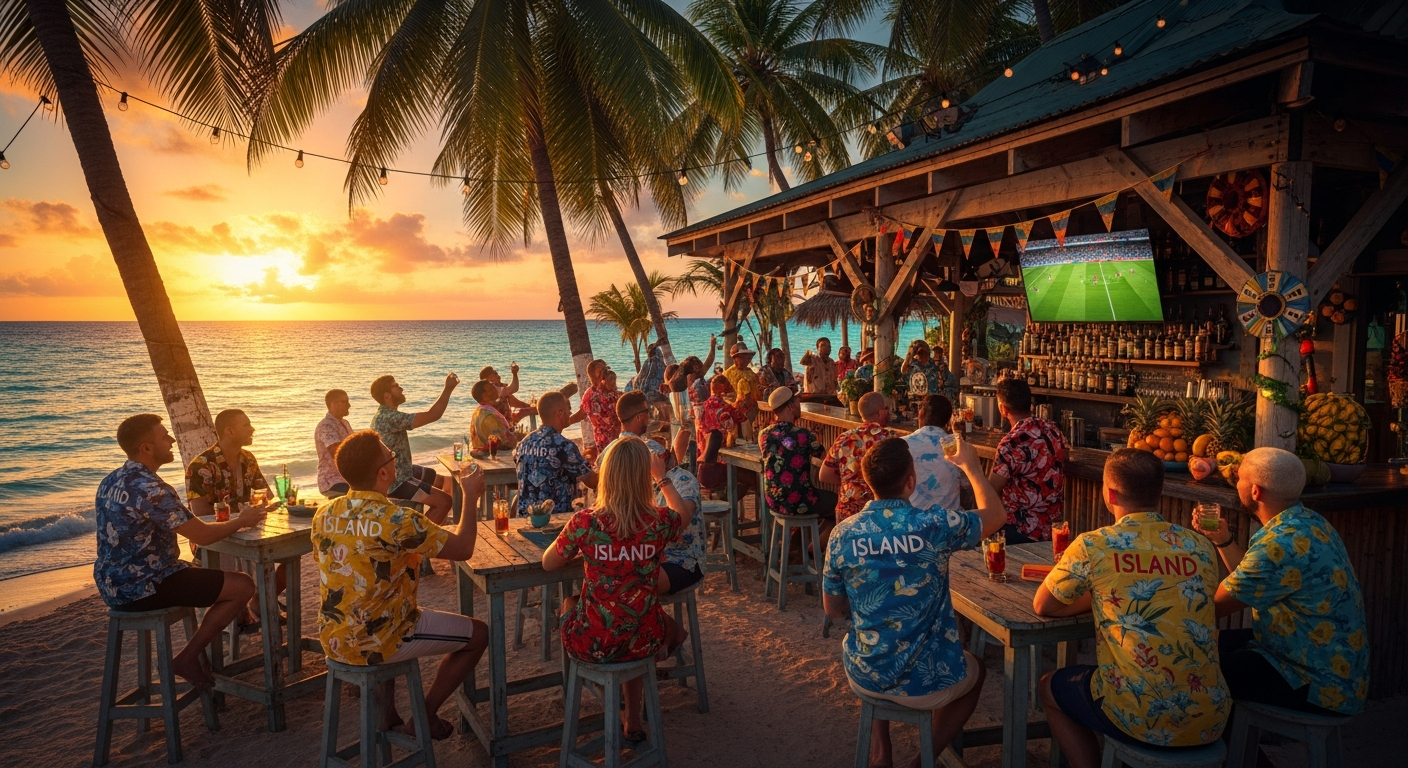 Caribbean fans watching a World Cup match on a large outdoor screen at a beachfront fan zone