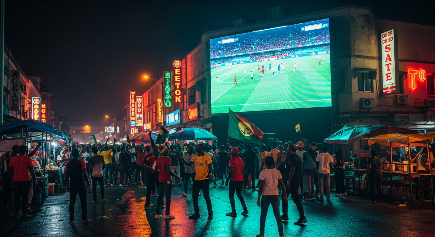Nigerian fans celebrating a goal in front of a large outdoor broadcast screen