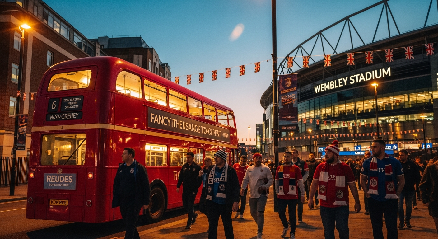 London skyline at night with a World Cup match broadcast visible on a large outdoor screen