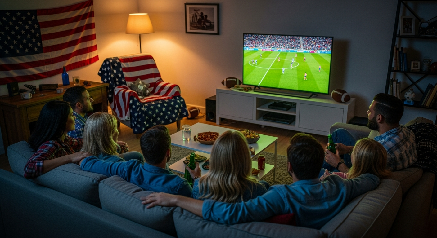 American sports bar packed with fans watching a World Cup match on big screens