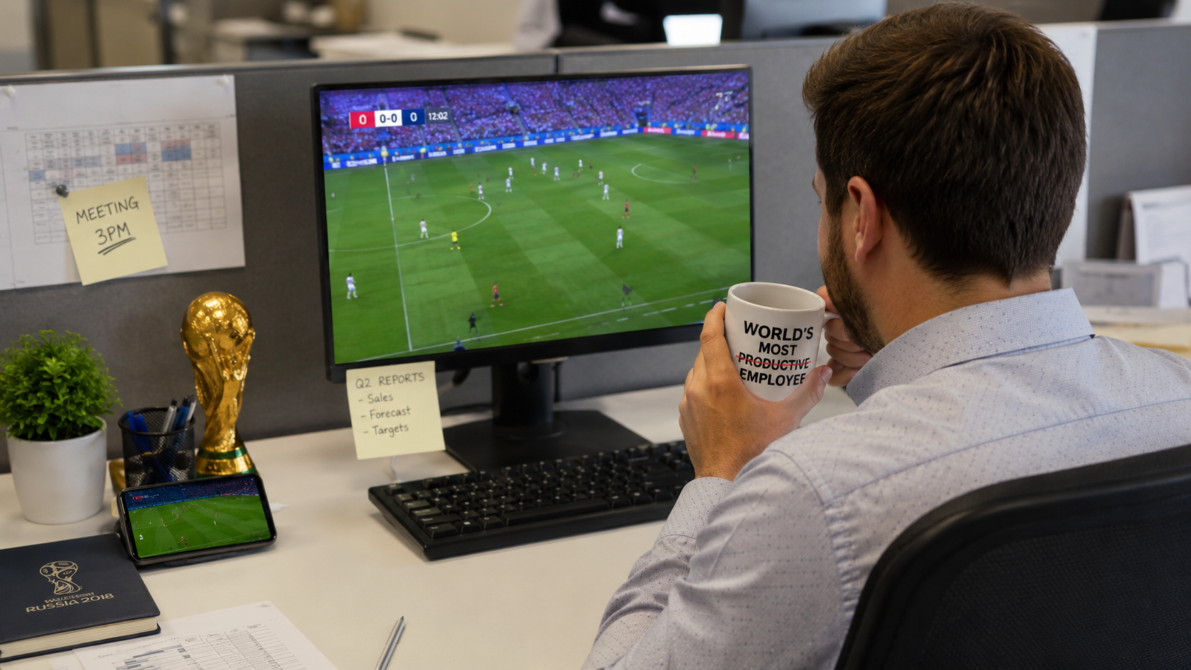 Man at his office desk watching a World Cup match on his work computer while holding a mug that reads World's Most Productive Employee