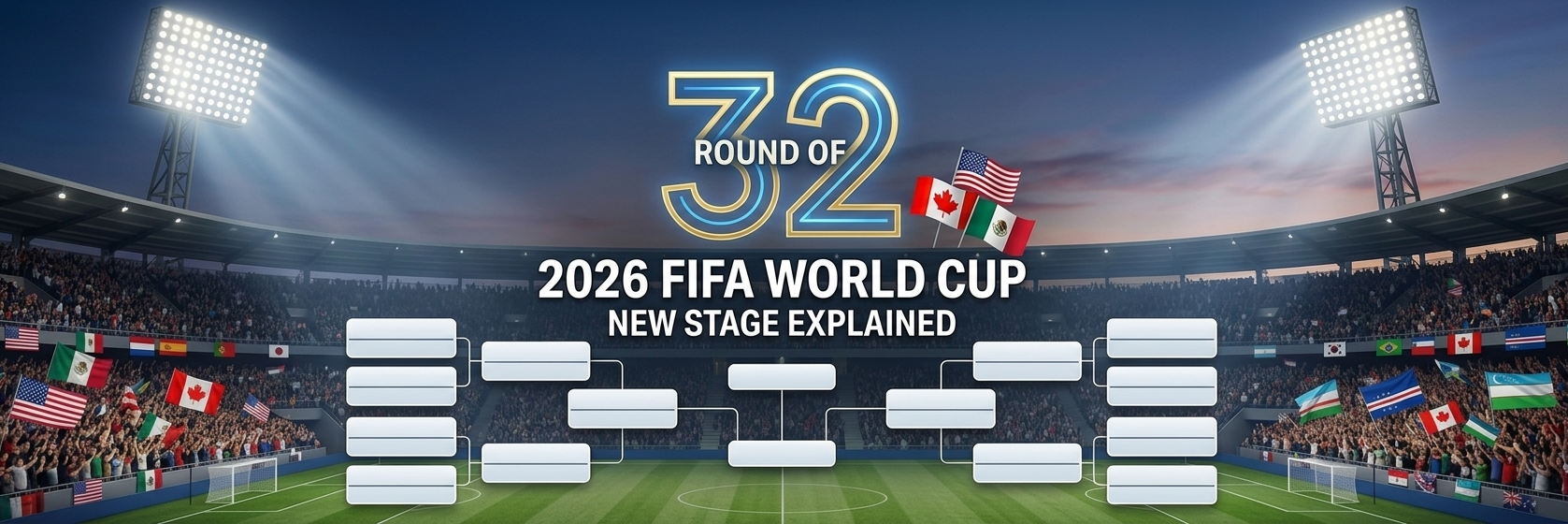 Stadium scoreboard showing a knockout bracket for the 2026 World Cup Round of 32
