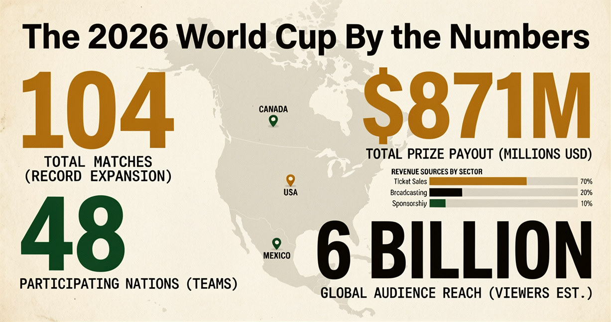 Infographic-style hero showing key 2026 World Cup numbers: 48 teams, 104 matches, 16 stadiums
