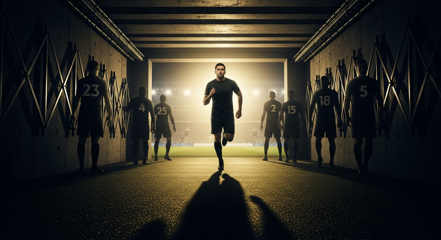 A lone footballer sprinting through dramatic tunnel lighting, symbolising a dark horse team