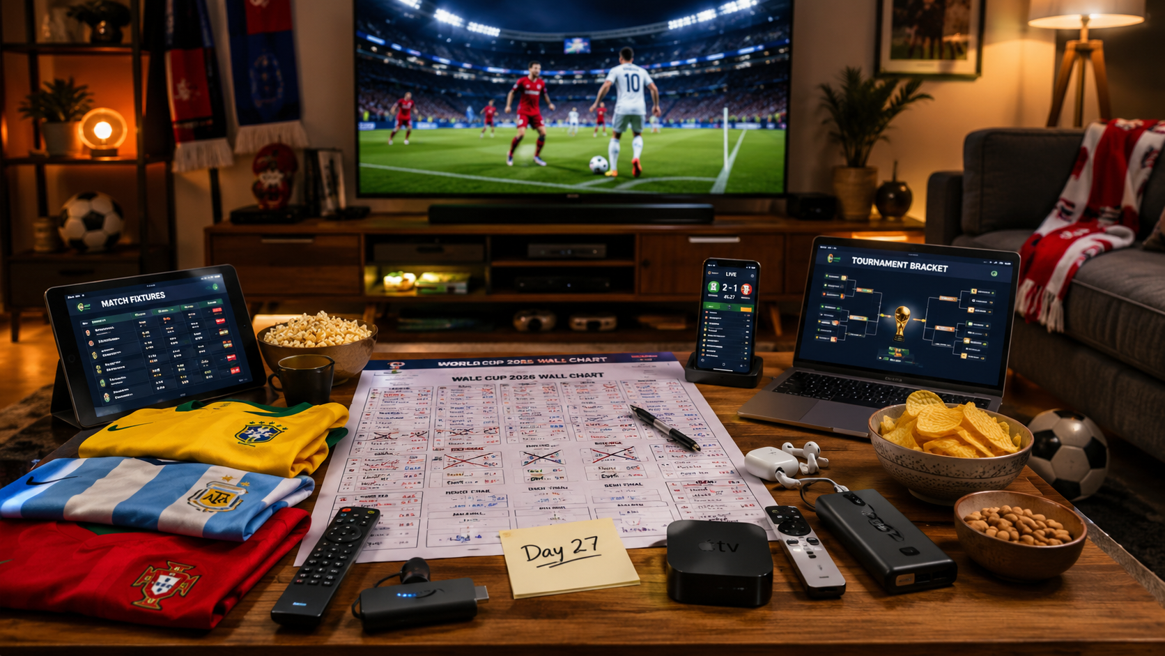 A living room table covered with World Cup 2026 fan essentials — wall chart, jerseys, streaming devices, snacks, a power bank, and a laptop showing a live match