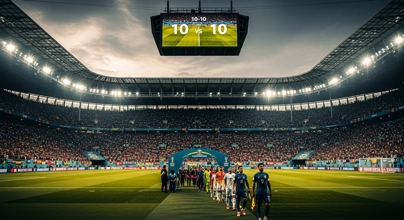 Packed World Cup stadium with two teams walking onto the pitch before a decisive group stage match