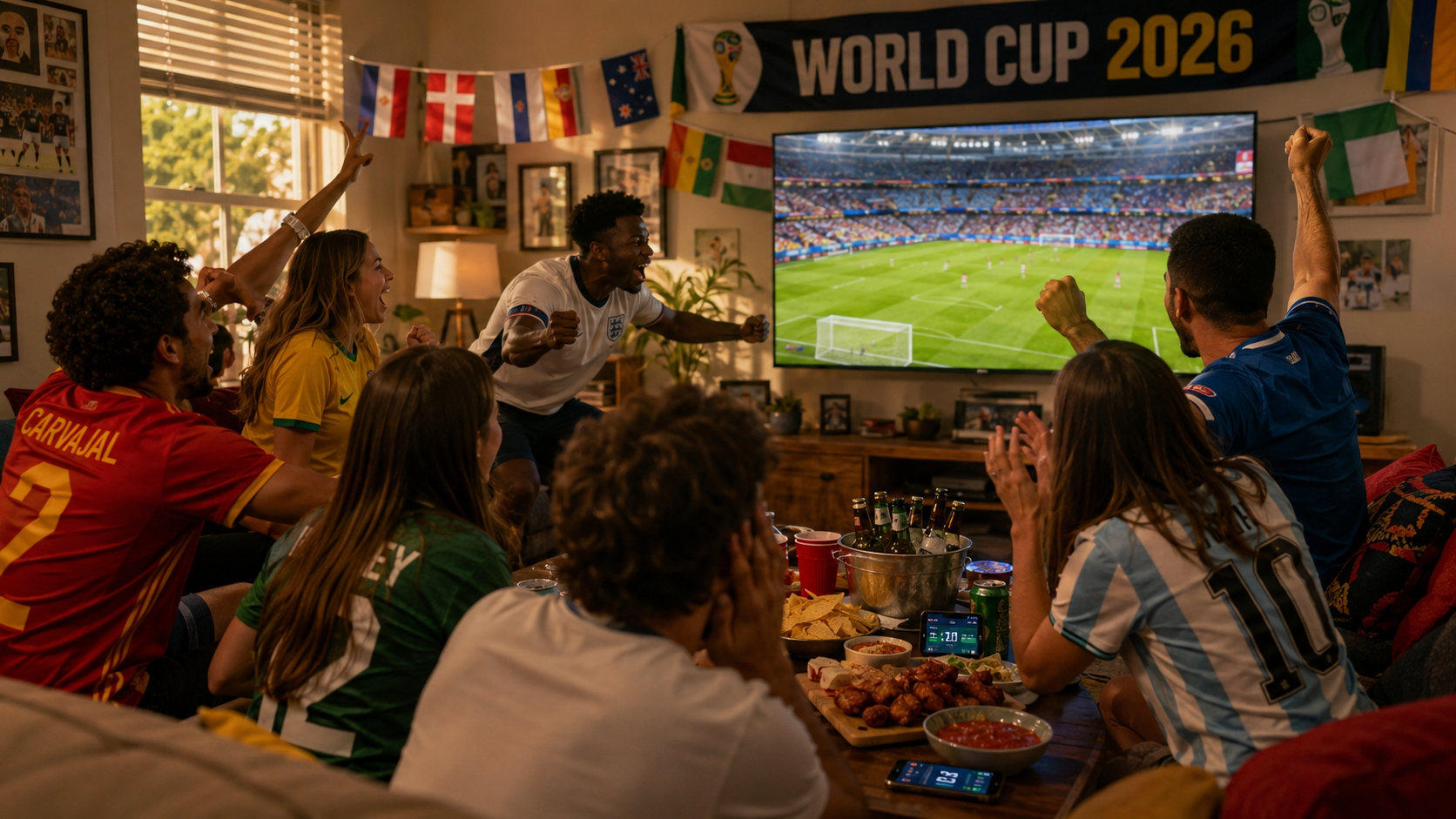 Friends in international football jerseys celebrating together while watching the World Cup 2026 on a big screen TV