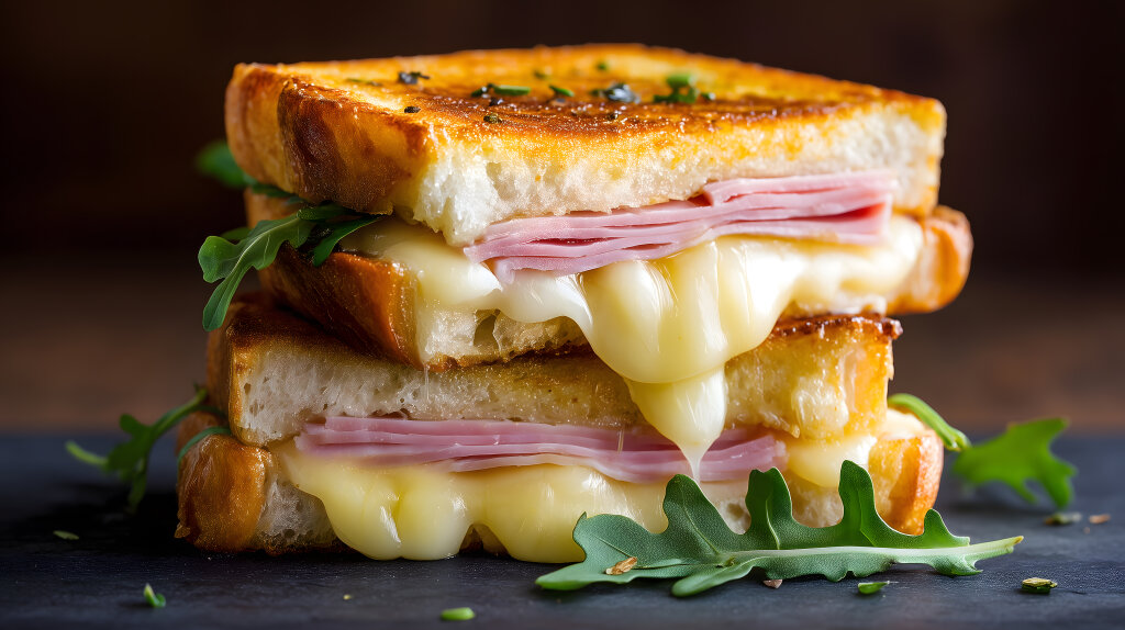 Croque monsieur — toasted ham and Gruyère sandwich with béchamel, stacked and cut to reveal layers of melted cheese, garnished with rocket
