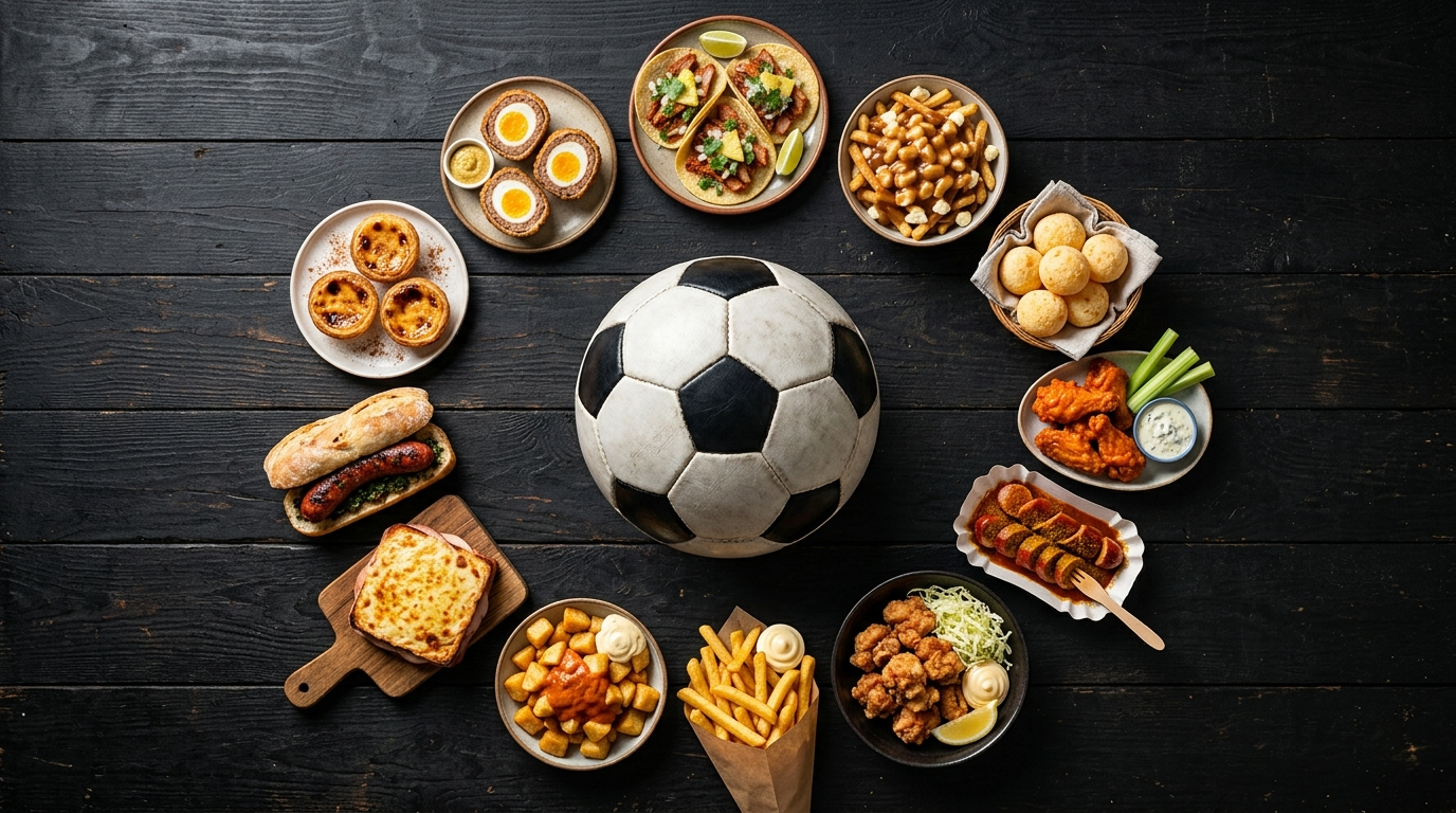 Flatlay of World Cup 2026 dishes arranged around a football — tacos, poutine, wings, cheese bread, currywurst, scotch eggs and more