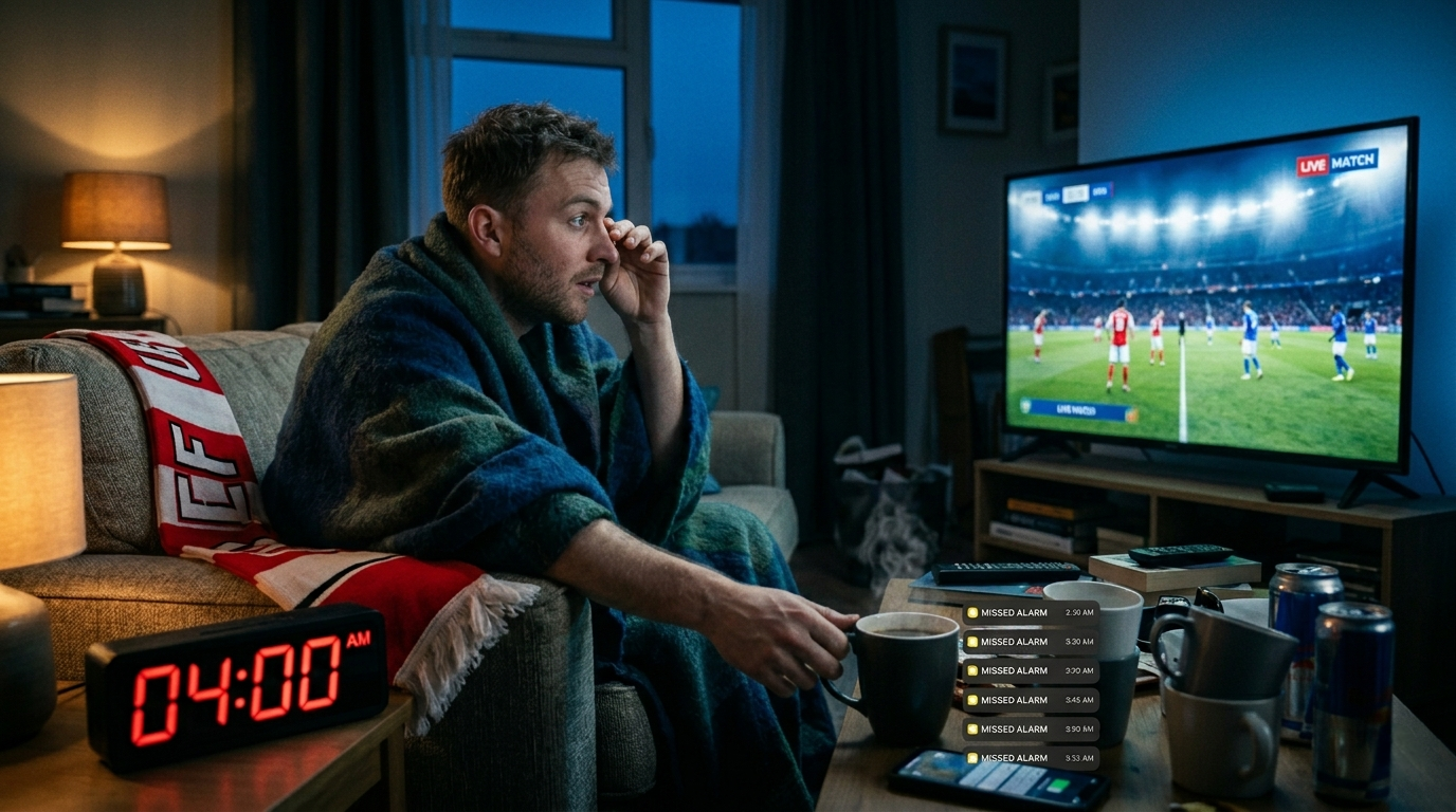 Football fan wrapped in a blanket watching a live World Cup match at 4am, surrounded by missed alarm notifications on his phone
