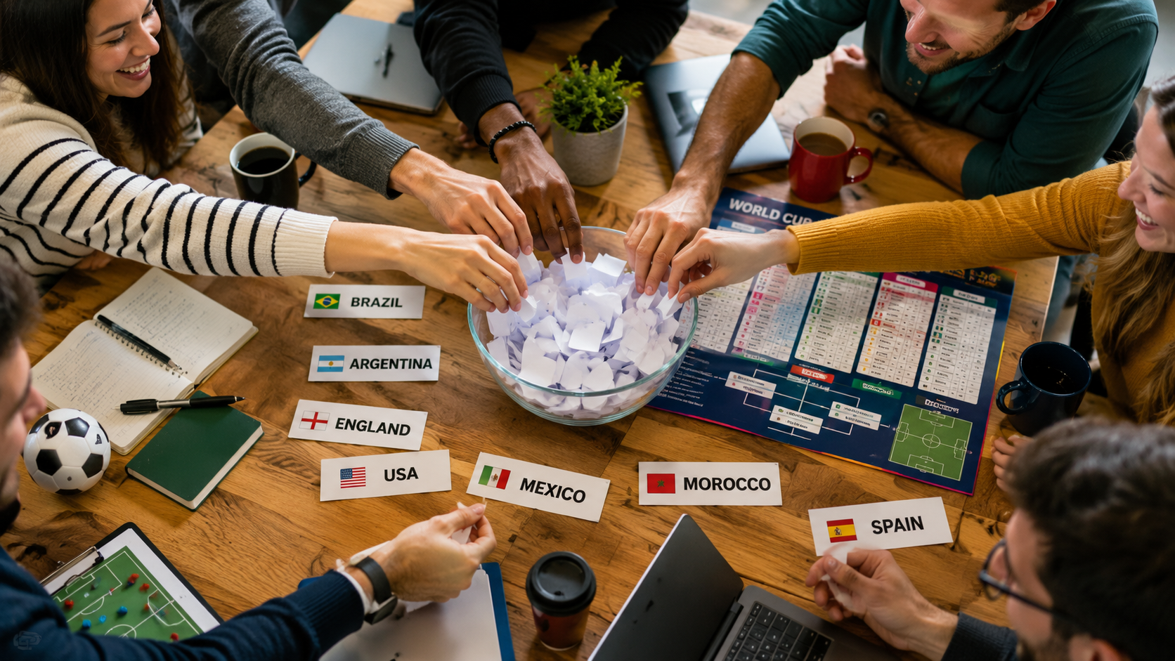 A group of friends doing a World Cup sweepstake draw, pulling team cards from a bowl