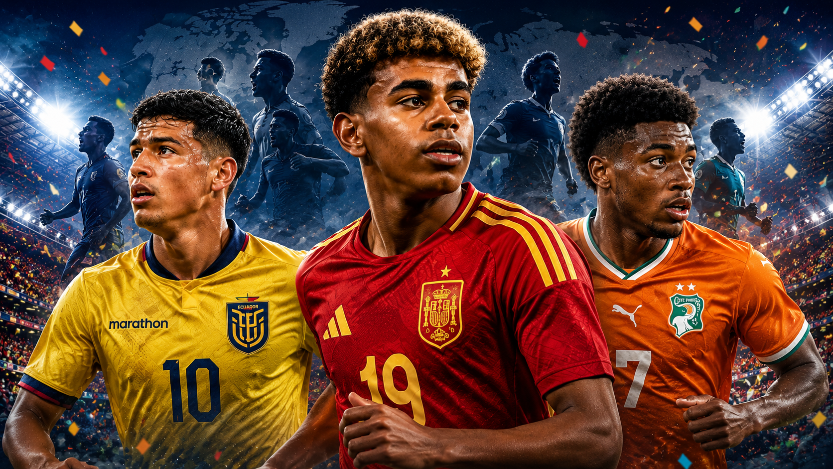 Three young international footballers representing Ecuador, Spain and Ivory Coast — among the six youngest squads at the 2026 World Cup