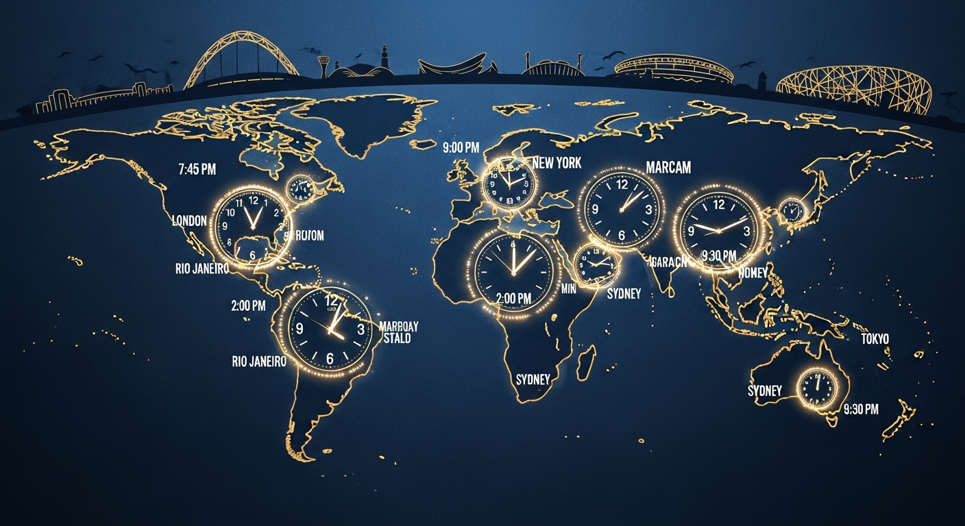 World map with clock faces and a stadium silhouette showing match kick-off times by timezone