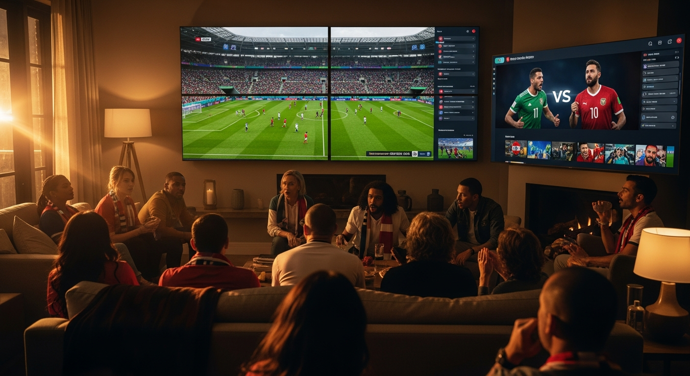 TV screen showing a live World Cup match stream in a living room setting